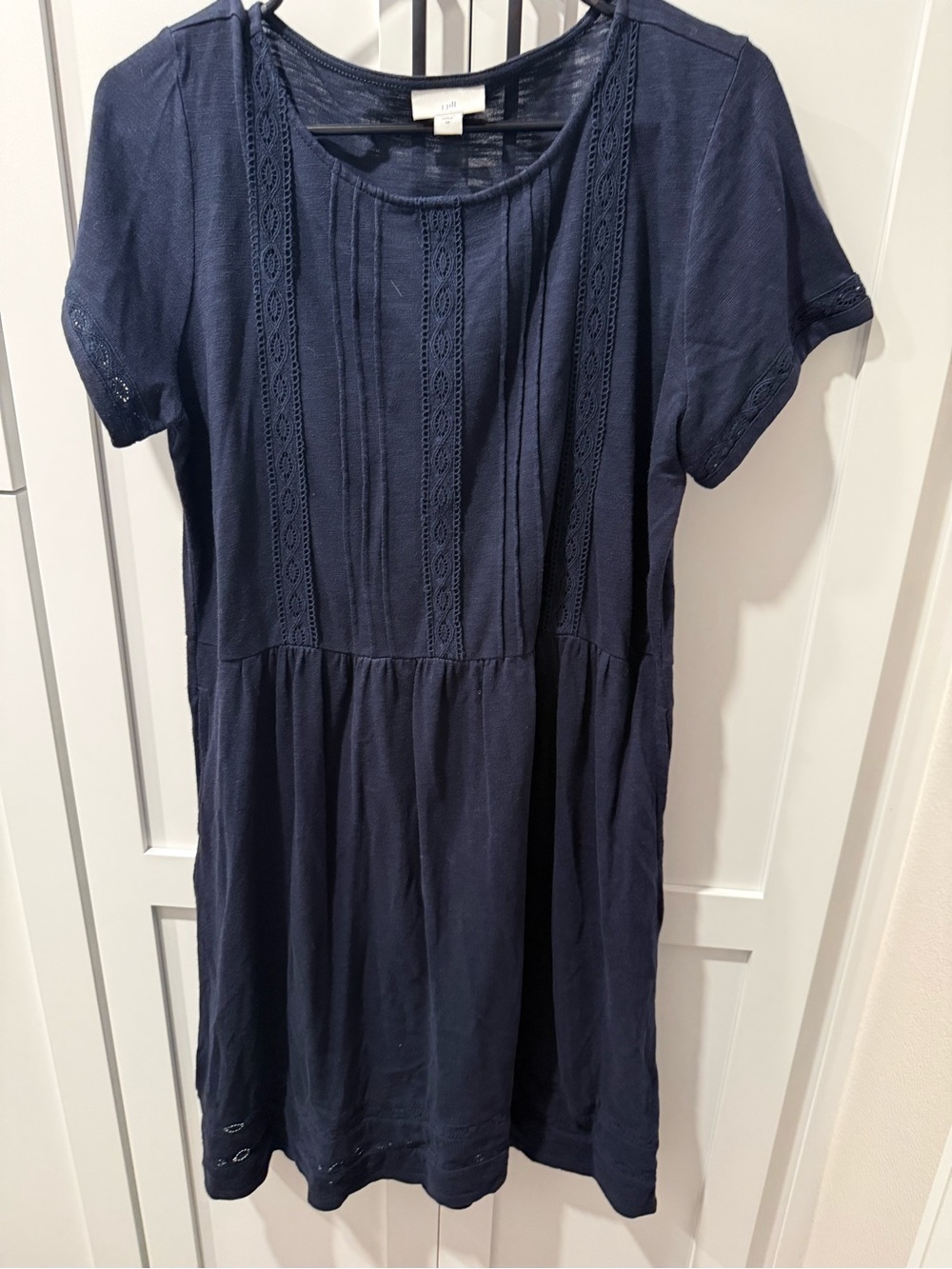 J. Jill Navy Pintuck & Lace-Trim Casual Short Sleeve Dress